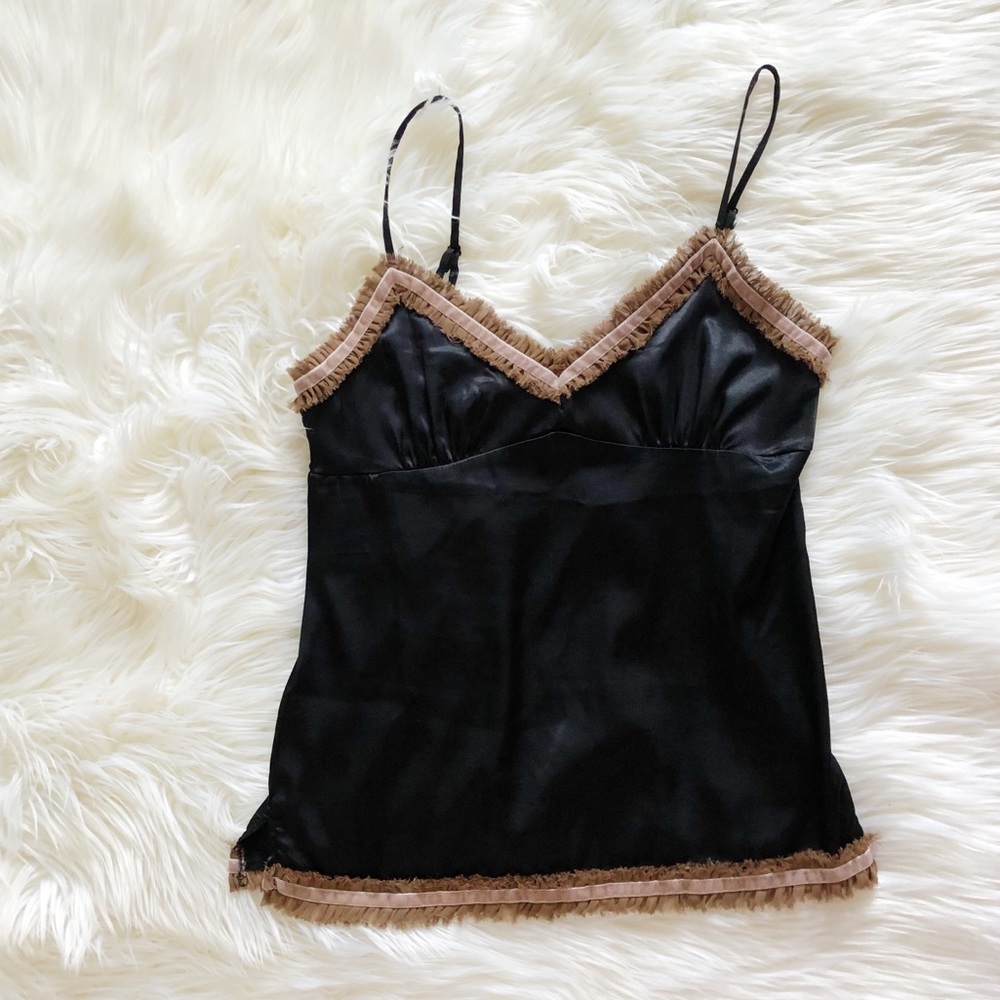 Black camisole with tan ruffles